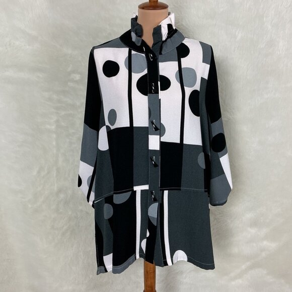 Moonlight Y & S Black, Gray & White Polka Dot Stand Up Collar Tunic Blouse L - Picture 1 of 5